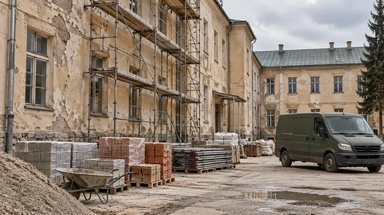 Rekonstrukce kasárenské budovy s lešením, stavebním materiálem a servisním vozem