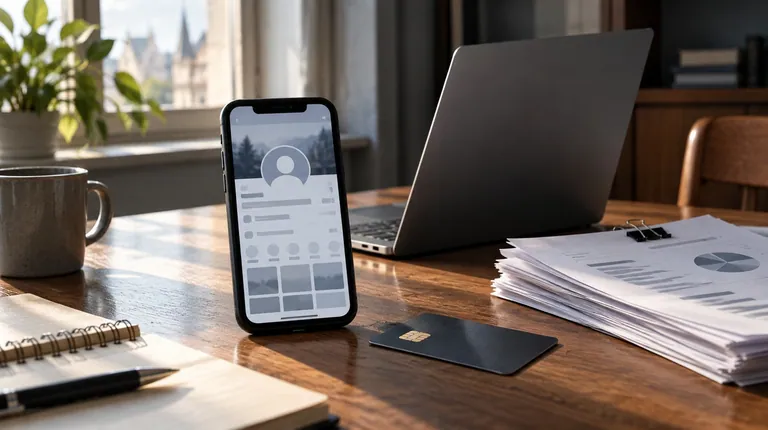 Telefon s anonymním profilem vedle notebooku, platební karty a podkladů k účtování